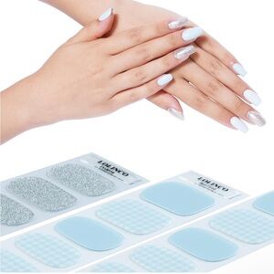 NEW Gel Manicure Stick On Nails - Semi-Cured Nail Strips - Glaze Blue Silver